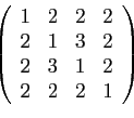 \begin{displaymath}\left(
\begin{array}{cccc}
1 & 2 & 2 & 2 \\
2 & 1 & 3 & 2 \\
2 & 3 & 1 & 2 \\
2 & 2 & 2 & 1
\end{array}\right)\end{displaymath}