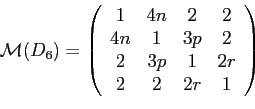\begin{displaymath}\mathcal{M}(D_6)=
\left(
\begin{array}{cccc}
1 & 4n & 2 & 2 \...
...p & 2 \\
2 & 3p & 1 & 2r \\
2 & 2 & 2r & 1
\end{array}\right)\end{displaymath}
