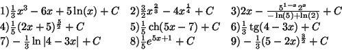 \begin{displaymath}
\begin{array}{lll}
1) \frac {1}{3}x^3-6x+5\ln(x)+C &2)
\...
...}+C &9)
-\frac {1}{3}(5-2x)^{\frac {3}{2}}+C \\
\end{array}\end{displaymath}