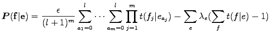 $\displaystyle \boldsymbol P({\bf f}\vert{\bf e})={\epsilon\over{(l+1)^m}}\sum_{...
...=0}^l
\prod_{j=1}^m t(f_j\vert e_{a_j})-\sum_e \lambda_e (\sum_f t(f\vert e)-1)$